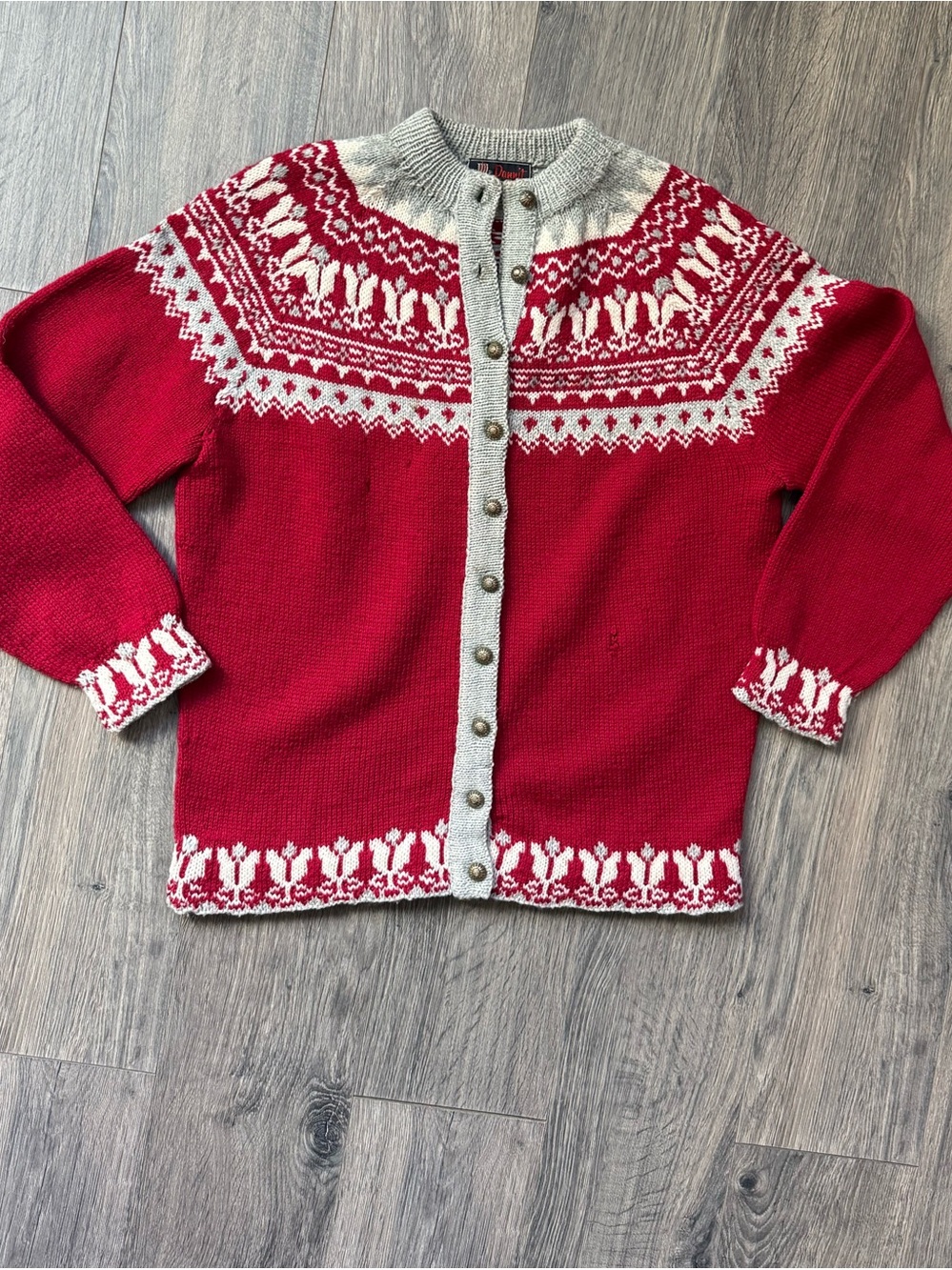 Beautiful vintage Dannit Nordic Fair Isle cardigan featuring a bold red, gray, a